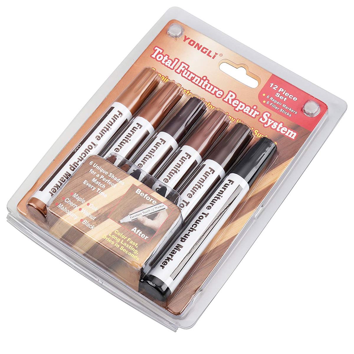 Furniture Repair Markers, 13-Piece Wood Touch-Up Markers and Wax